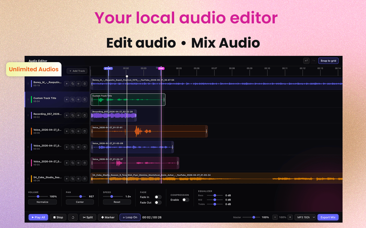 Editing and mixing recordings in the built-in local audio editor