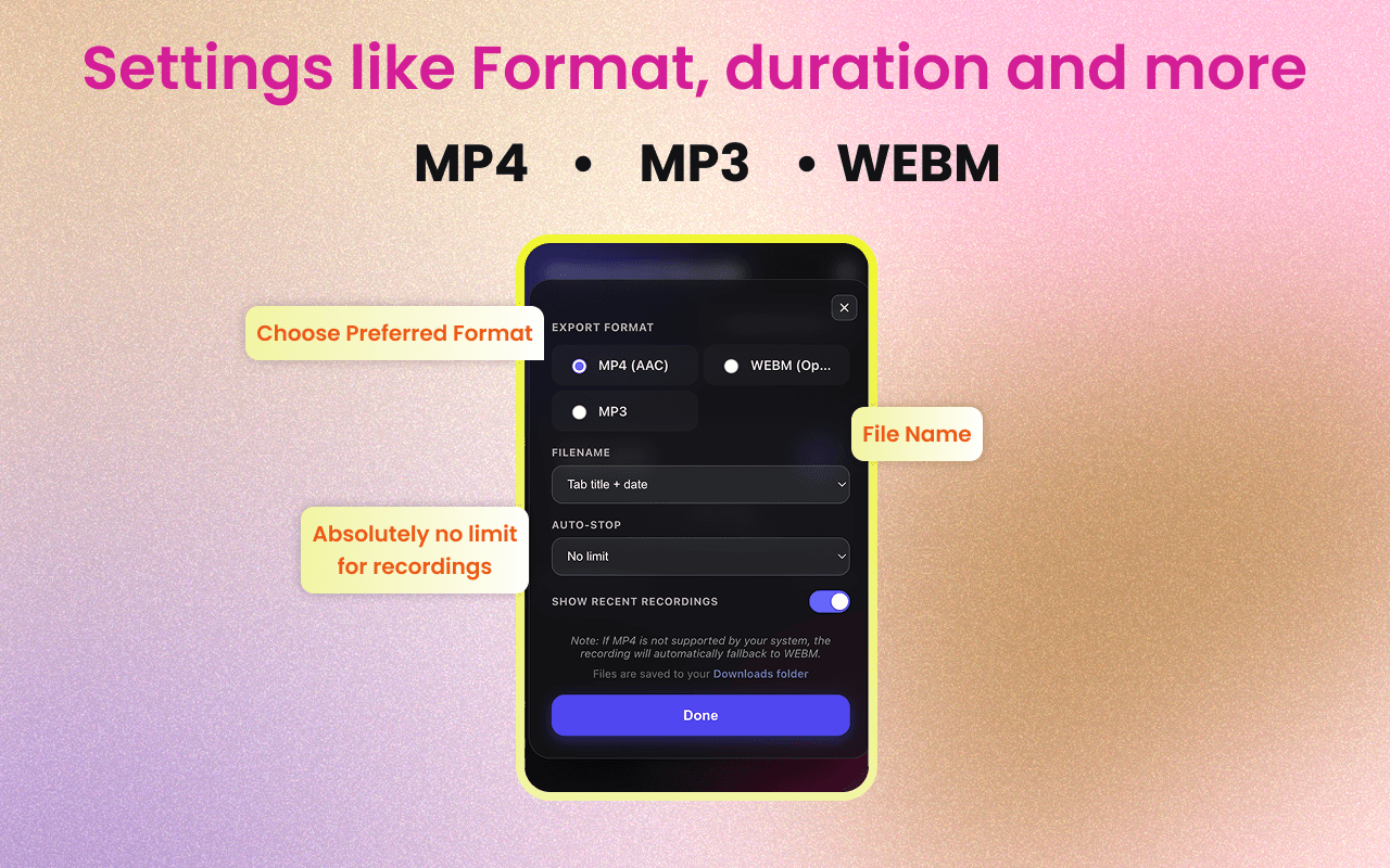 Choosing the export format — MP4, MP3, or WEBM — and other settings
